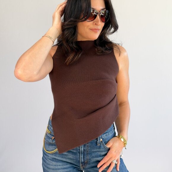 Women's Chocolate Brown Asymmetrical Mock Neck Knit Top - Picture 8 of 8